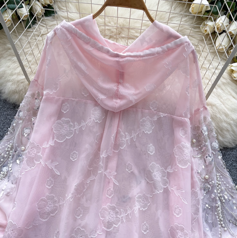 Sequined Embroidery Hooded Sunscreen Top