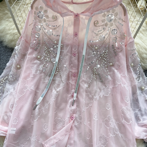 Sequined Embroidery Hooded Sunscreen Top