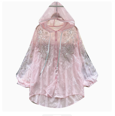 Sequined Embroidery Hooded Sunscreen Top