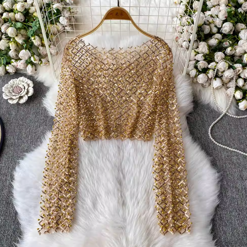 Round Collar Sequin Beaded Top