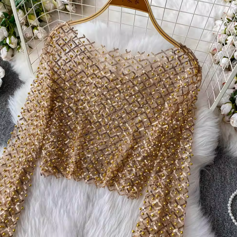 Round Collar Sequin Beaded Top