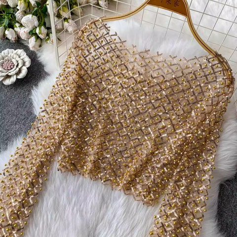 Round Collar Sequin Beaded Top