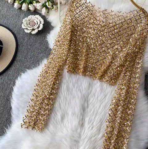 Round Collar Sequin Beaded Top