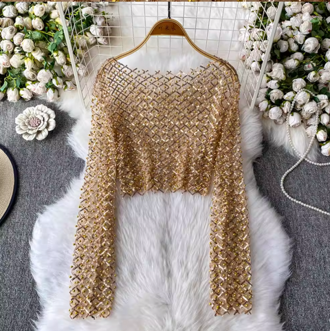 Round Collar Sequin Beaded Top