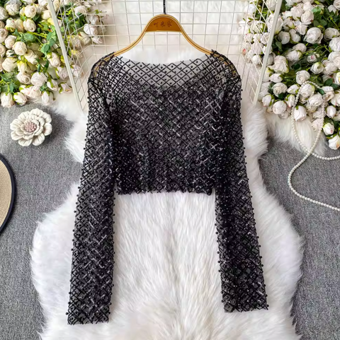 Round Collar Sequin Beaded Top