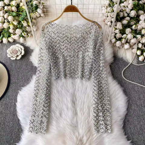 Round Collar Sequin Beaded Top