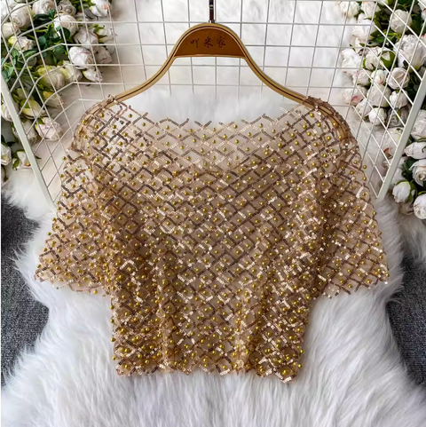 Crew Neck Sequin Short-sleeve Shirt