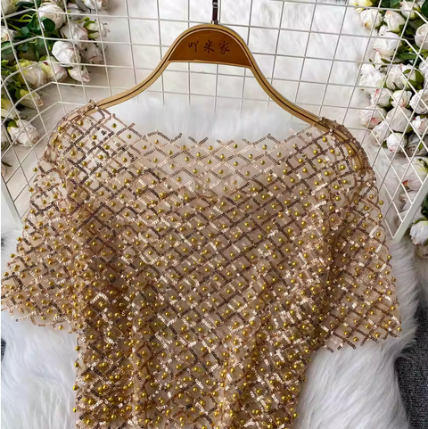 Crew Neck Sequin Short-sleeve Shirt