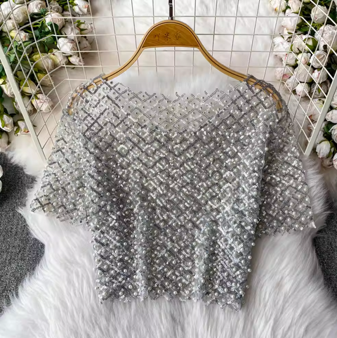 Crew Neck Sequin Short-sleeve Shirt
