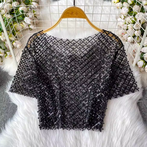 Crew Neck Sequin Short-sleeve Shirt