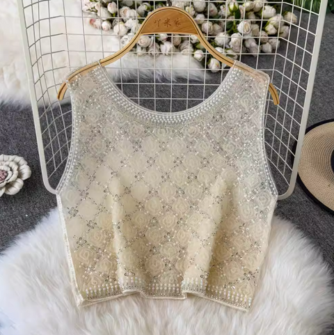 Pearl Beaded Glossy Sleeveless Top