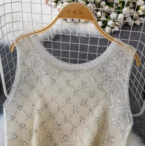 Pearl Beaded Glossy Sleeveless Top