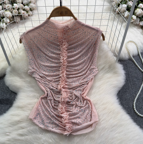 Chic Shiny Beaded Pleated Shirt