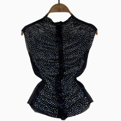 Chic Shiny Beaded Pleated Shirt