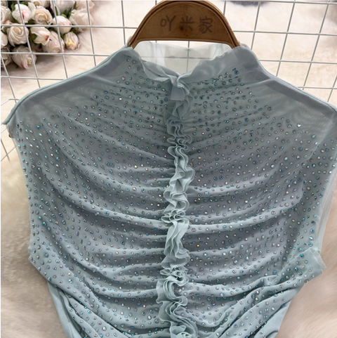 Chic Shiny Beaded Pleated Shirt