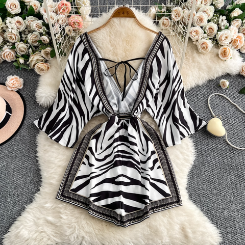Deep V-neck Pattern Printed Rompers