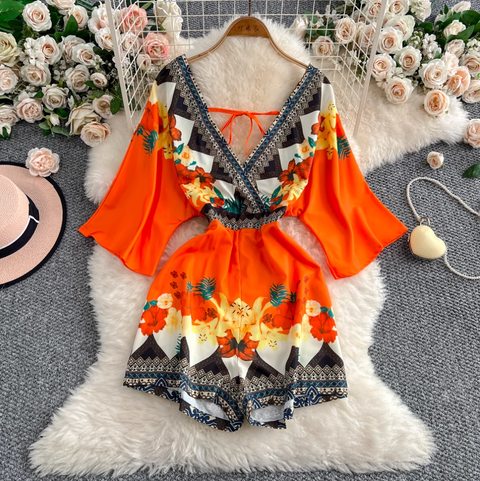Deep V-neck Pattern Printed Rompers