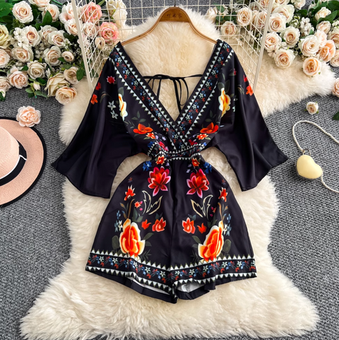 Deep V-neck Pattern Printed Rompers