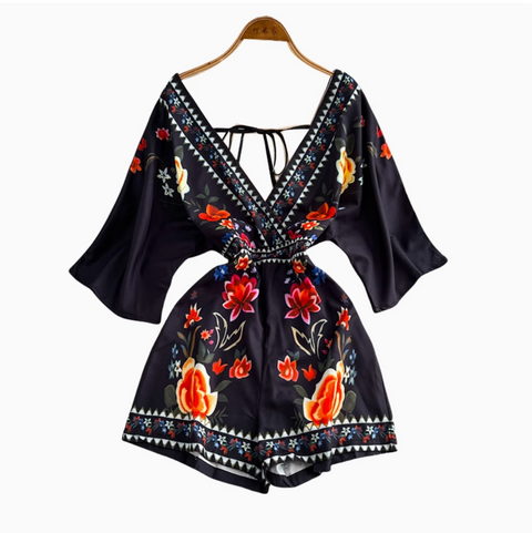 Deep V-neck Pattern Printed Rompers