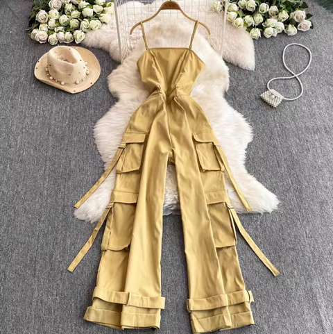 Multi-pockets Wide-leg Slip Jumpsuits