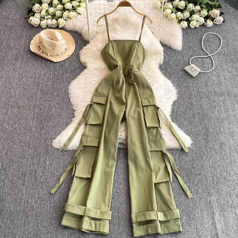 Multi-pockets Wide-leg Slip Jumpsuits
