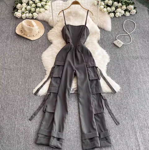 Multi-pockets Wide-leg Slip Jumpsuits