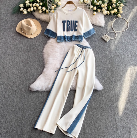 Sweatshirt & Trousers Denim Patchwork 2Pcs