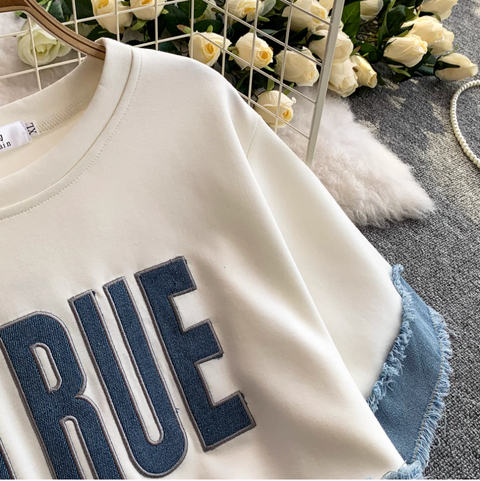 Sweatshirt & Trousers Denim Patchwork 2Pcs