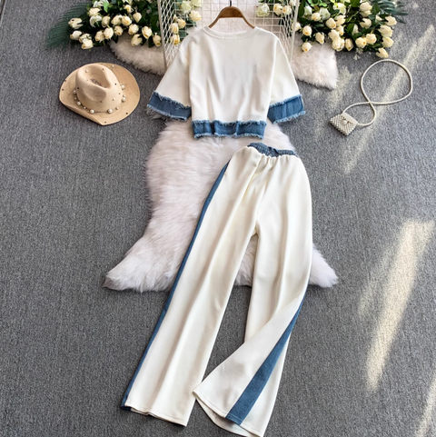 Sweatshirt & Trousers Denim Patchwork 2Pcs