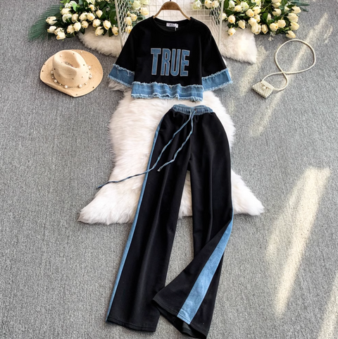 Sweatshirt & Trousers Denim Patchwork 2Pcs