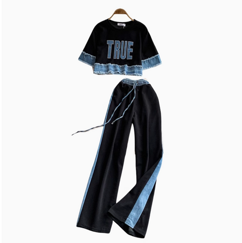 Sweatshirt & Trousers Denim Patchwork 2Pcs