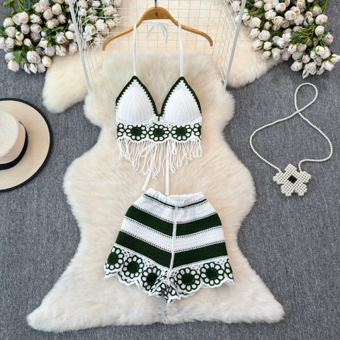 V-neck Fringed Bikini & Shorts 2Pcs