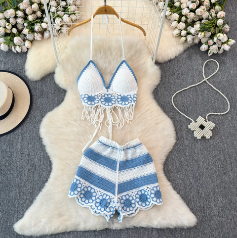 V-neck Fringed Bikini & Shorts 2Pcs