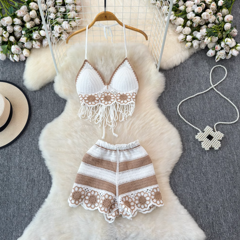 V-neck Fringed Bikini & Shorts 2Pcs