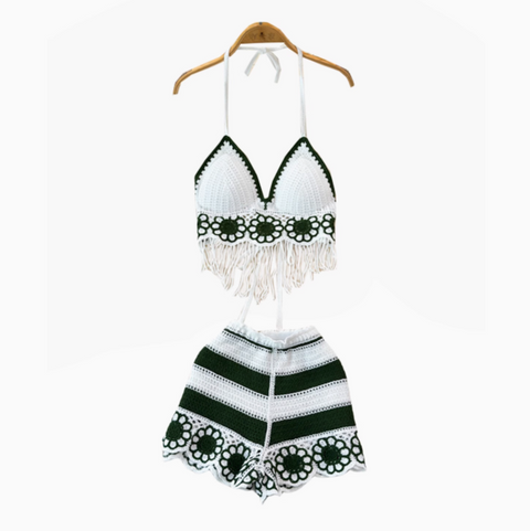 V-neck Fringed Bikini & Shorts 2Pcs