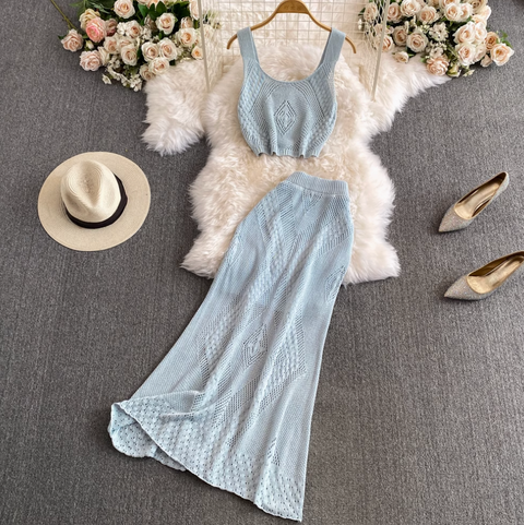 Jacquard Camisole & Hip-wrapping Skirt 2Pcs