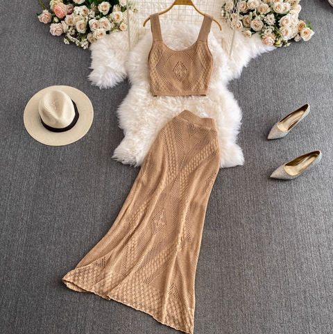 Jacquard Camisole & Hip-wrapping Skirt 2Pcs