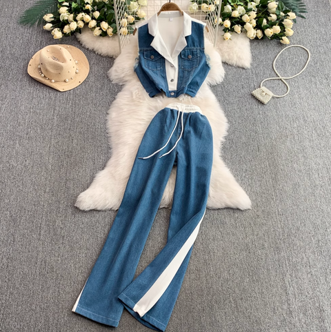 Suit Collar Vest & Trousers Denim 2Pcs
