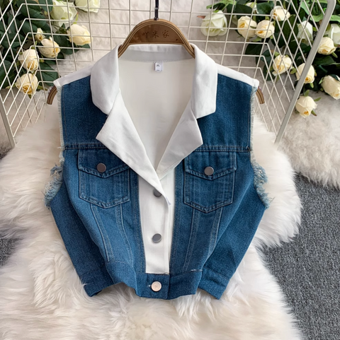 Suit Collar Vest & Trousers Denim 2Pcs