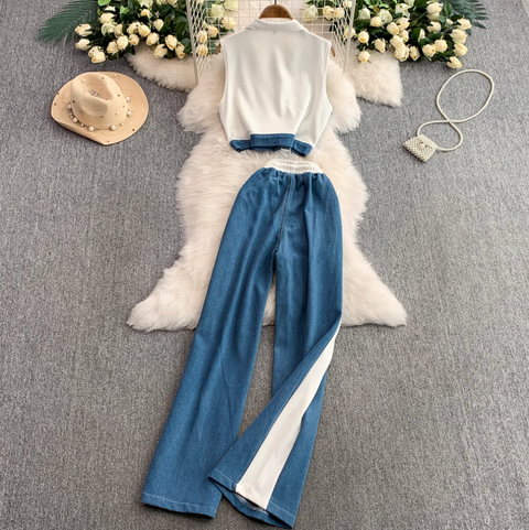 Suit Collar Vest & Trousers Denim 2Pcs