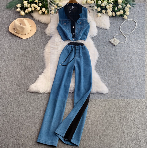Suit Collar Vest & Trousers Denim 2Pcs