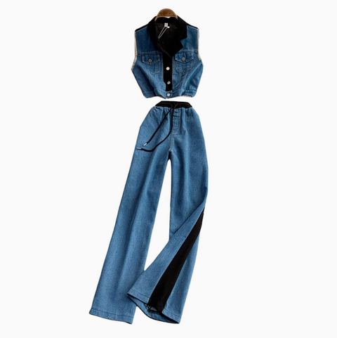 Suit Collar Vest & Trousers Denim 2Pcs