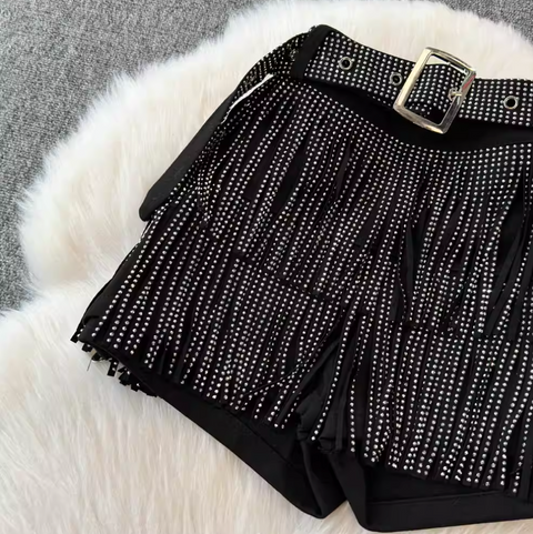 Chic Sequined Fringe Denim Shorts