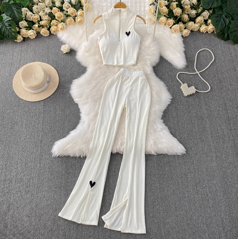 Zipped Knitwear & Flared Trousers 2Pcs