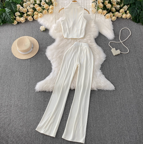 Zipped Knitwear & Flared Trousers 2Pcs