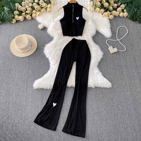 Zipped Knitwear & Flared Trousers 2Pcs
