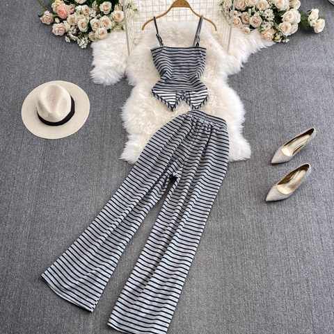 Striped Camisole & Wide-leg Trousers 2Pcs