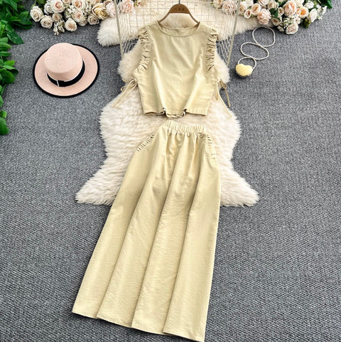 Pleated Top & High-waist Skirt 2Pcs