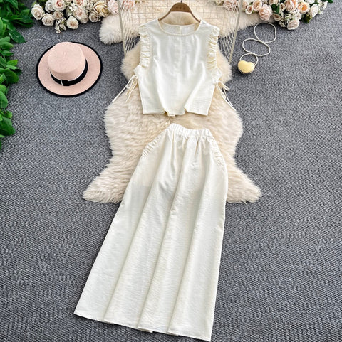 Pleated Top & High-waist Skirt 2Pcs
