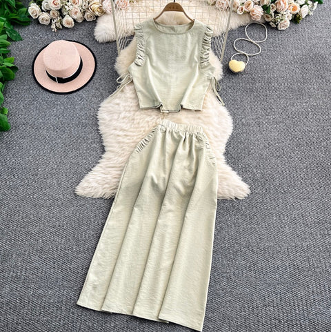 Pleated Top & High-waist Skirt 2Pcs